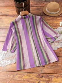 EMERY ROSE Camisa casual de manga corta con rayas, parches y abalorios para tallas grandes - Multicolor - Ver 2