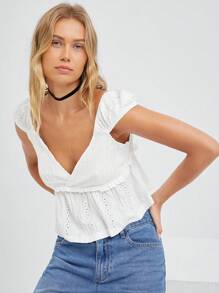 Easelle Women Summer Casual Solid Color V-Neck A-Line Cropped Blouse - White - View 1