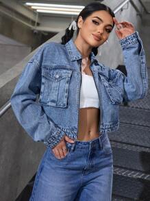 SHEIN EZwear Áo khoác denim giản dị tay dài thả vai mùa xuân/thu cho nữ - Rửa trung bình - Xem 1