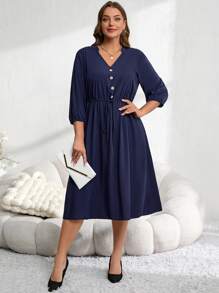 EMERY ROSE Plus Size Women's Plain Front Button Long Sleeve Tie Waist Casual Dress,Fall Women Clothes