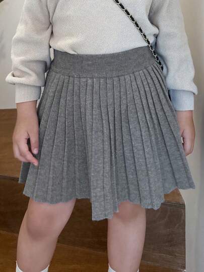 Dazy Kids Young Girl Solid Color Elastic Waist Casual Sweater & Pleated Mini Skirt Set