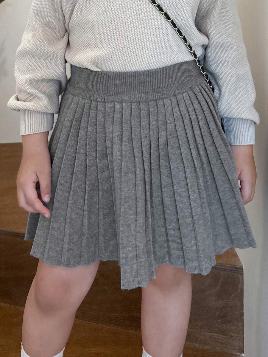 Dazy Kids Young Girl Solid Color Elastic Waist Casual Sweater & Pleated Mini Skirt Set
