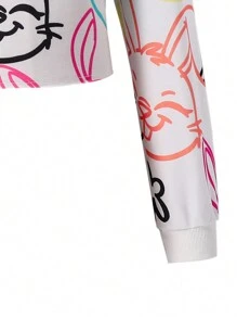 SHEIN Tween Girl Rabbit & Letter Print Crop Hoodie, Spring/Autumn, Sweatshirt - Orange - View 4