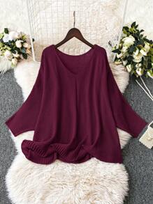 SHEIN LUNE Plus Size Women's Solid V-Neck Long Sleeve Loose Casual Sweater, Fall/Winter