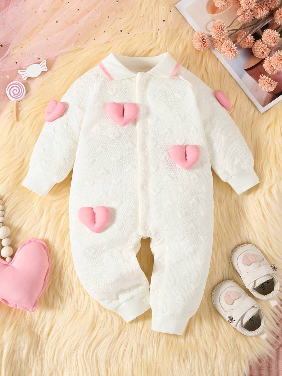 女婴舒适纹理面料爱心装饰连体衣,秋冬季 - 白色 - 查看 1