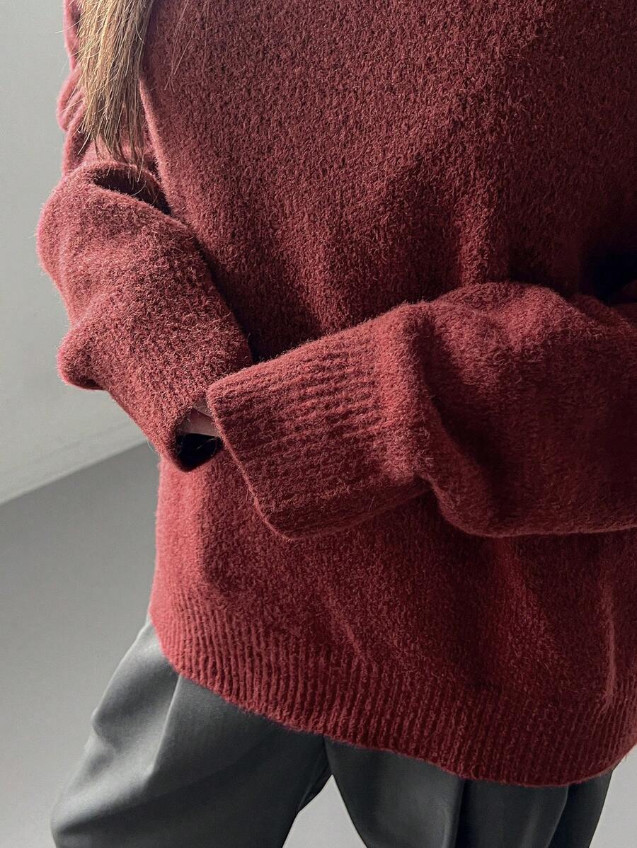 Dazy-Less Solid Color Loose Fit Knit Pullover Sweater,Fall Clothes - Burgundy - View 1