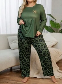 Plus Size Leopard Print Long Sleeve Pajama Set - Multicolor - View 5