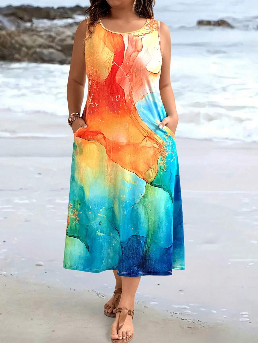 SHEIN LUNE Đầm thường ngày không tay cổ tròn cỡ lớn in hoa toàn thân - Nhiều màu - Xem 1