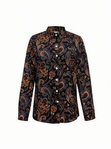 Women's Casual Loose Graphic Printed Long Sleeve Blouse, Spring Elegant BOHO Design - Black - View 3