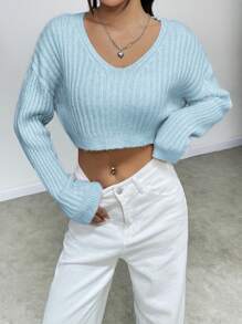SHEIN Unity Áo len ngắn tay dài hở vai cổ chữ V màu trơn cho nữ, mùa thu/đông - Màu xanh nhạt - Xem 1