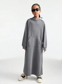 SHEIN Tween Girls Fall/Winter Basic Keep Warm Grey Over Size With Pockets Hoodies Sweatshirt - Dark Grey - View 3