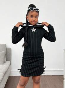 SHEIN Vestido largo con capucha de niña preadolescente, decorado con estrellas brillantes, para otoño/invierno, diseño esponjoso y grueso