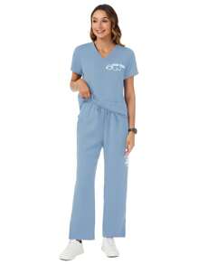 TaskEZ Women's Letter Print V-Neck Short Sleeve Pocket Top And Drawstring Waist Pants Casual Uniform Scrub Set