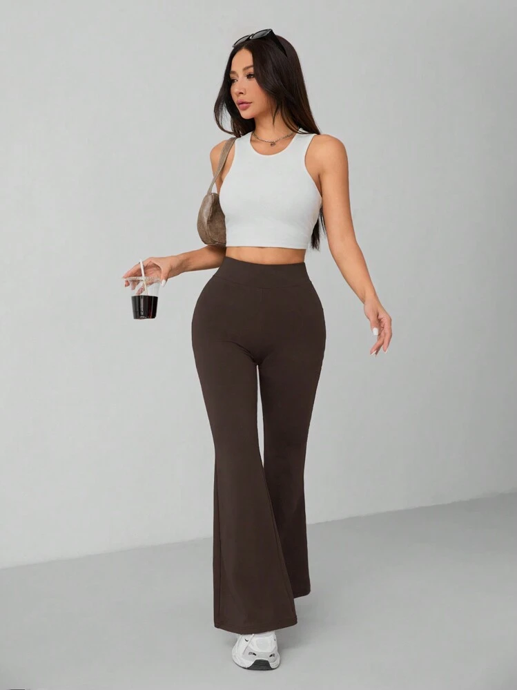 SHEIN PETITE ストレッチ性の高いスリムフレアパンツ レディース カジュアル - ブラウン - 見る 6