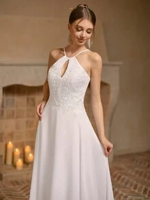 Elegant Halter White Bridal Gown, A-Line/Princess Chiffon Lace Wedding Dress