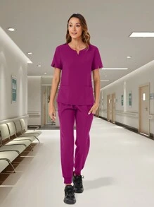 純色凹口V領短袖上衣和褲子護士制服套裝 - 中紫紅色 - 查看 1