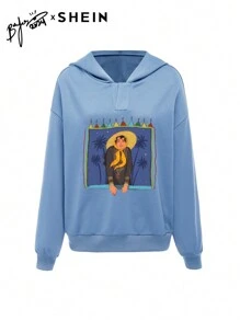 Mulvari Women Graphic Print Hooded Loose Fit Casual Sweatshirt, Casual Comfy Pullover Top Outfit  Fall Outfit