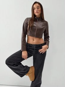 SHEIN x Carly Lawrence SHEIN Unity Jachetă decupată pentru femei, culoare solidă, cu fermoar în față, simplă, din PU - Maro - Vizualizare 5