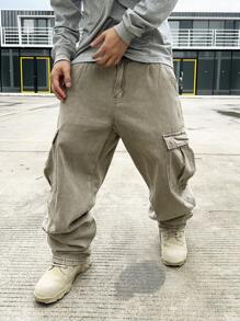 Manfinity EMRG Men's Cargo Pocket Wide Leg Casual Loose Fit Jeans, Plain Olive Green Long Baggy Washed Cargo Jeans, For Husband, Boyfriend Gifts Going Out Hang Out Vacation Urban College - Grey - View 6