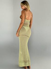 Aloruh Women's Vacation Beach Cover Up Dress, Summer Knitting Geometric Spaghetti Strap Deep V High Slit Hollow Out Super Long Green Dress - Green - View 2