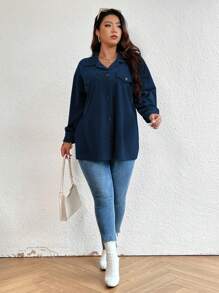 SHEIN LUNE Chaqueta informal de ajuste holgado de unicolor, talla grande, para primavera y otoño - Azul Marino - Ver 6