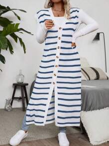 Franclia 大码女款条纹撞色长款开衫 - 彩色 - 查看 6