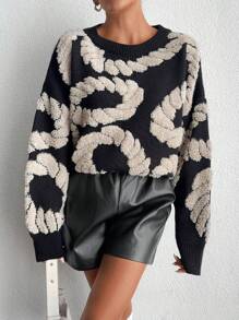 EURMUSE Women Towel Pattern Round Neck Drop Shoulder Pullover - Multicolor - View 7