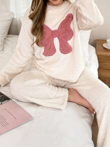 Contrast Color Bow Embroidered Trim Plush Homewear Set - Beige - View 3