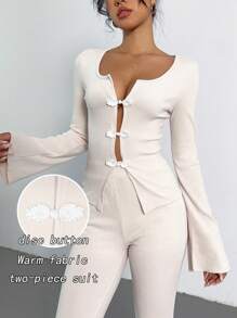 Chiquease Two-Piece Casual Commute Apricot Chinese Style Button Collar Flared Long Sleeve Top And Thick Rib Knit Pants, Warm And Comfortable Set - Apricot - View 2