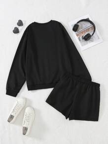 SHEIN Teen Girl 2pcs Casual Letter Print Sweatshirt And Shorts Set