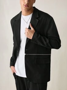 Manfinity VCAY 男士梭织休闲日常宽松纯色拉链长袖夹克，适合秋冬 - 黑色 - 查看 1