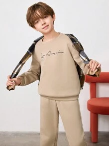 SHEIN 適合青少年男孩穿著的字母圖形保暖套衫和運動長褲 - 米色 - 查看 3