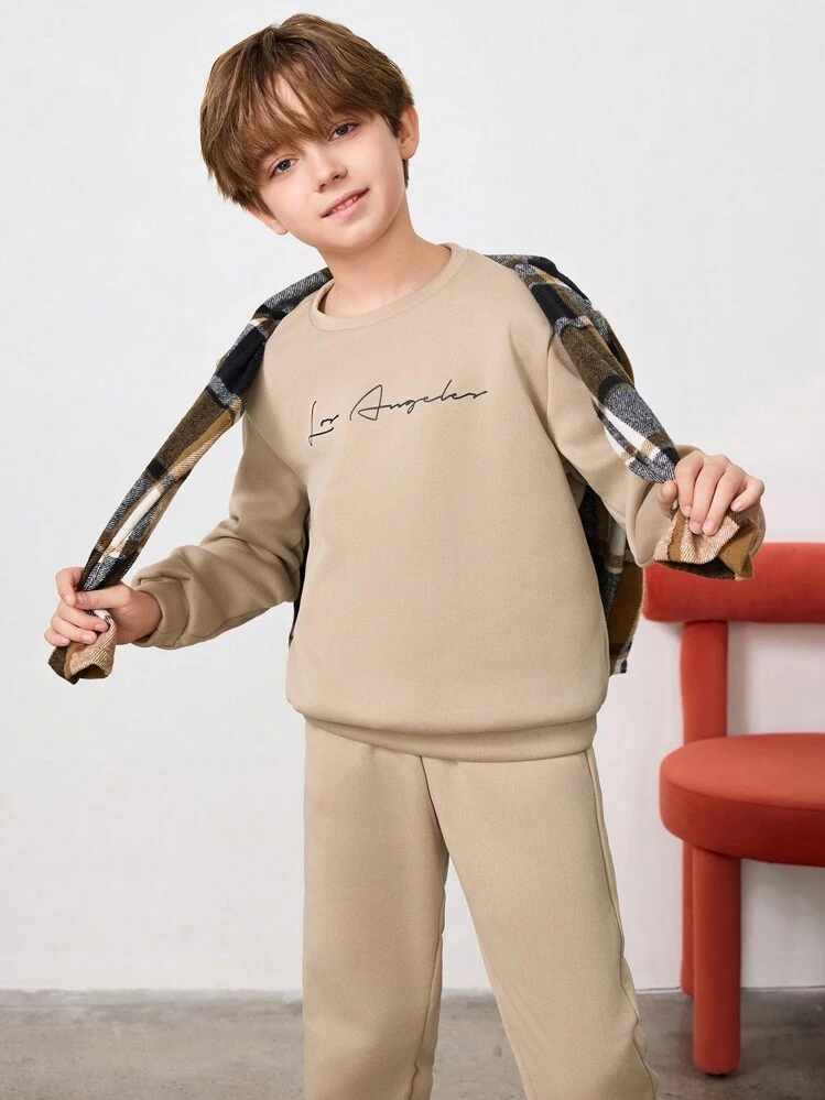 SHEIN Tween Boy Letter Graphic Thermal Pullover & Sweatpants - Beige - View 3