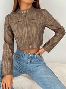 SHEIN PETITE Handsome Women's Jacket With Sfumato PU Fabric Zipper Decoration ,Petite Women - Brown - View 5