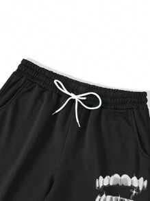 Manfinity Roghcode Men's Casual Teeth Print Hoodie Sweatshirt & Sweatpants Set, Spring & Autumn