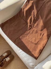 SHEIN EZwear 大码女式连衣裙冬季，棕色双口袋休闲宽松围兜灯芯绒连衣裤连衣裙 - 鏽棕色 - 查看 5