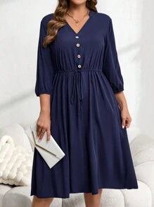 EMERY ROSE Plus Size Women's Plain Front Button Long Sleeve Tie Waist Casual Dress,Fall Women Clothes