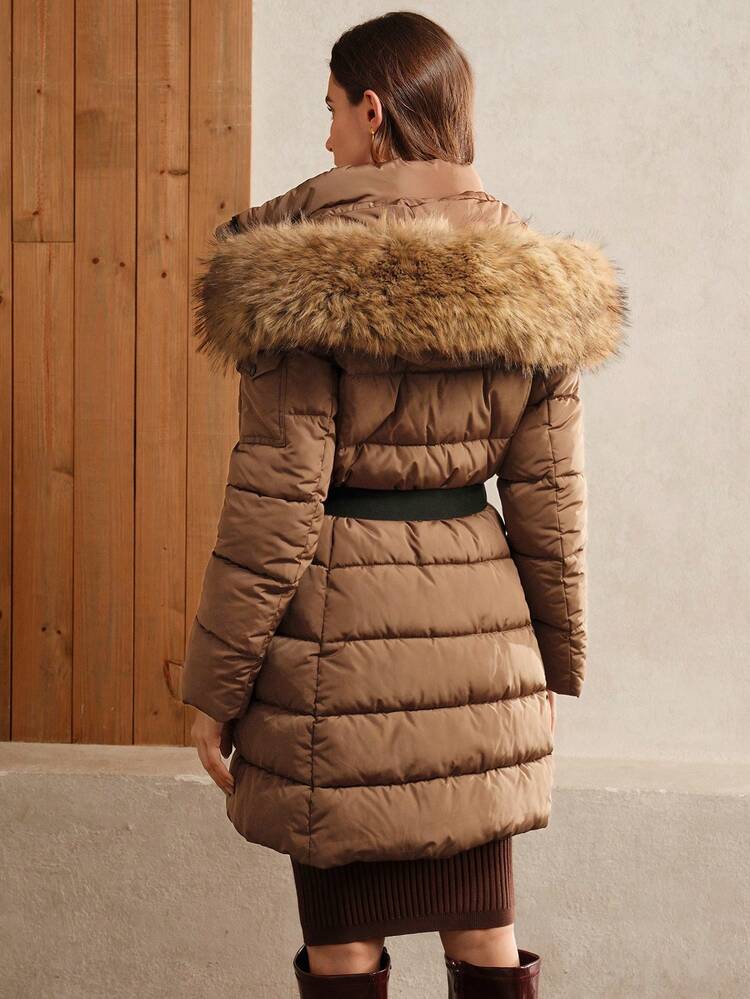 Women's Long Thickened Detachable Hooded Cinched Waist Windproof Zipper Padded Coat, Winter Clothes