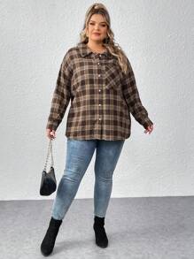 SHEIN CURVE+ 大码女式格子印花纽扣口袋长袖休闲棕色衬衫 - 彩色 - 查看 7