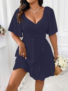 SHEIN Unity Plus Size Solid Color Sweetheart Neck Short Sleeve Dress - Navy Blue - View 6
