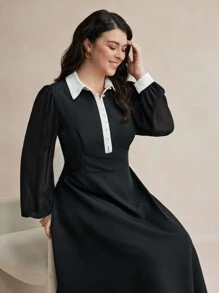BizChic Vestito elegante a maniche lunghe con bottoni e contrasto di colori bianco e nero, taglia comoda - nero - Visualizzare 1