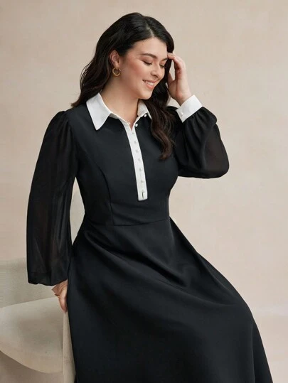 BizChic 大码黑白撞色优雅纽扣前长袖连衣裙