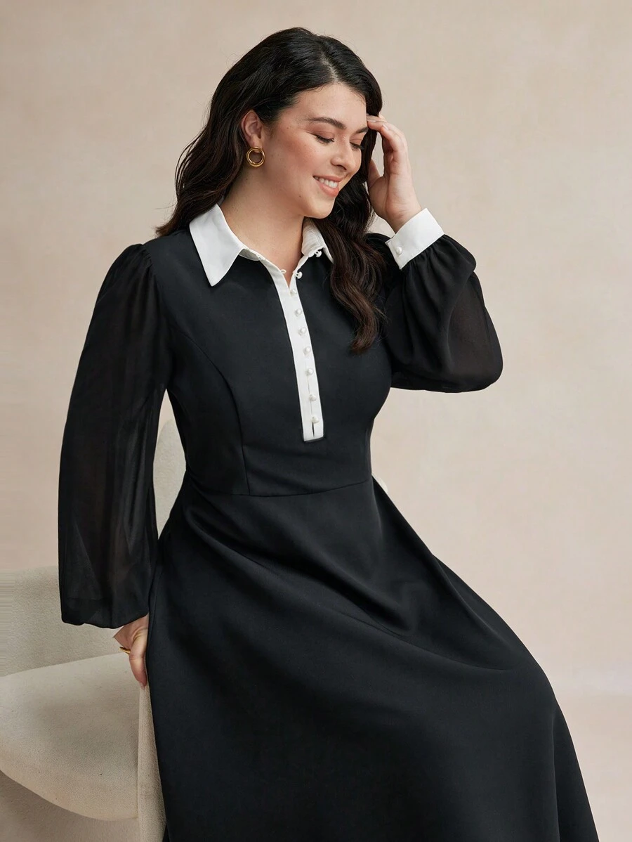 BizChic Vestito elegante a maniche lunghe con bottoni e contrasto di colori bianco e nero, taglia comoda - nero - Visualizzare 1