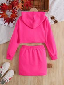 Tween Girl Fashion Street Style Knit Hoodie Sweatshirt And Mini Skirt Set - Red - View 2