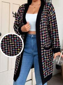 Flirla Plus Size Long Plaid Mixed Color Cardigan With Pockets, For Winter Fall Cloth For Women