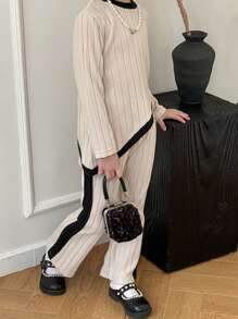 SHEIN Genkimix Kids 2pcs Young Girl' Black & White Ribbed Top And Color Block Pants Set, Comfortable And Fashionable For Fall/Winter