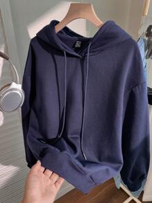 SHEIN EZwear Plus Size Casual Simple 14 Print Drop Shoulder Drawstring Hoodie Sweatshirt For Women, Thick For Autumn And Winter