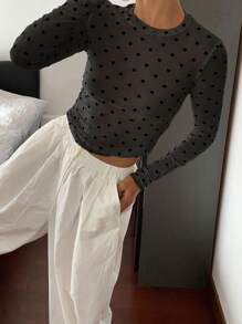 Livesso 女式圆点修身圆领长袖时尚透明衬衫 - 黑色 - 查看 5