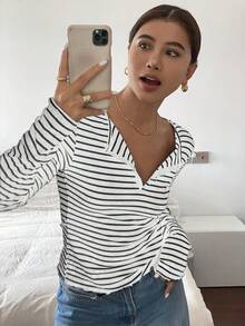 DAZY Áo thun sọc dài tay cài nút phía trước, mặc thường ngày - trắng - Xem 4