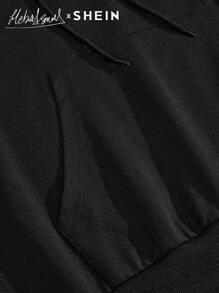 Seusyu Women's Autumn & Winter Abstract Face Print Drawstring Hooded Casual Loose Sweatshirt, Casual Comfy Pullover Top Fall - Black - View 4